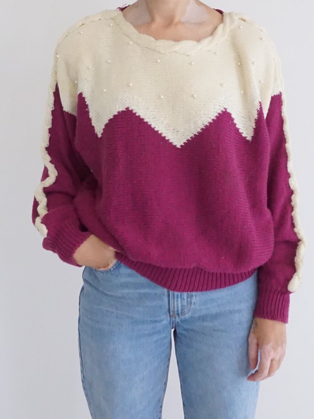 Vintage Country Suburbans Magenta Pearl Chevron Cable Knit Sweater Cottagecore M